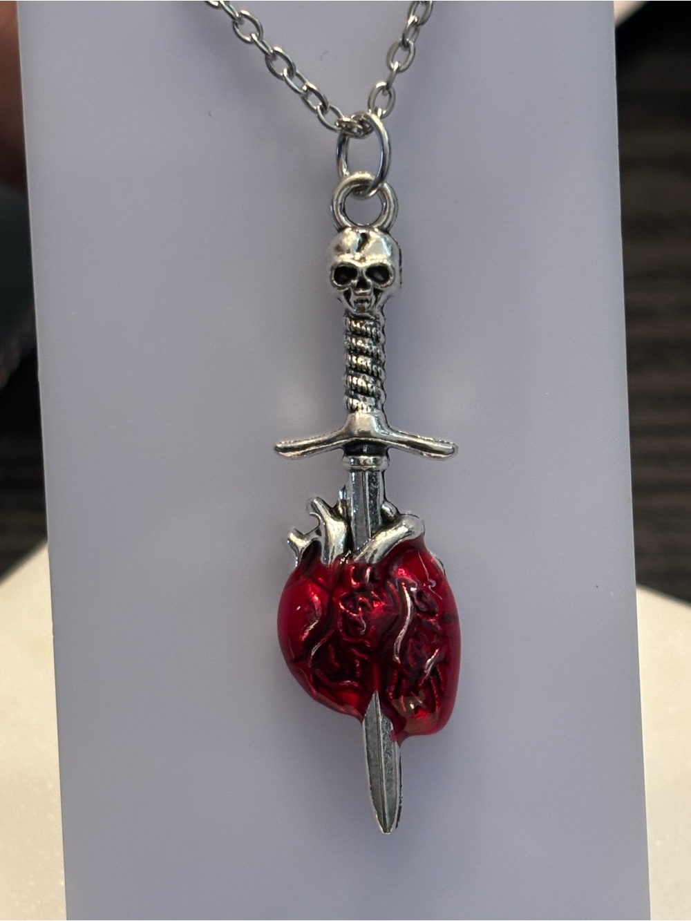 Silver Tone Skull Sword Pendant Necklace, Anatomical Heart with Red Enamel, Dagg